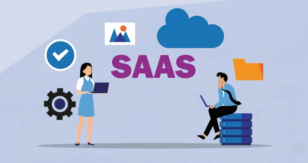 SaaS product development concept showing cloud software platform and startup team building a SaaS application